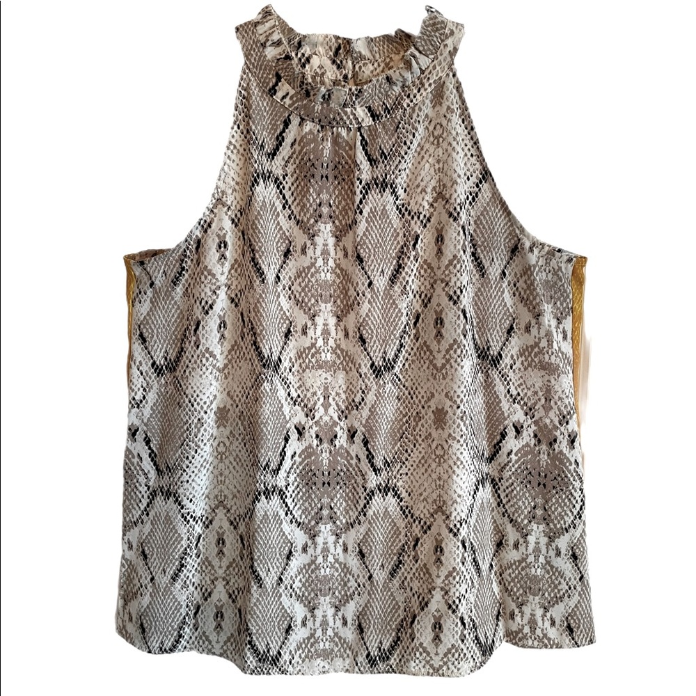 Ruffle neck blouse, Small, snakeskin print with yellow stripe and open shoulder